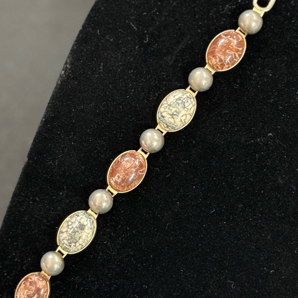 Vintage marked EmJ Emmons gold tone faux marbled stone scarab bracelet retro
